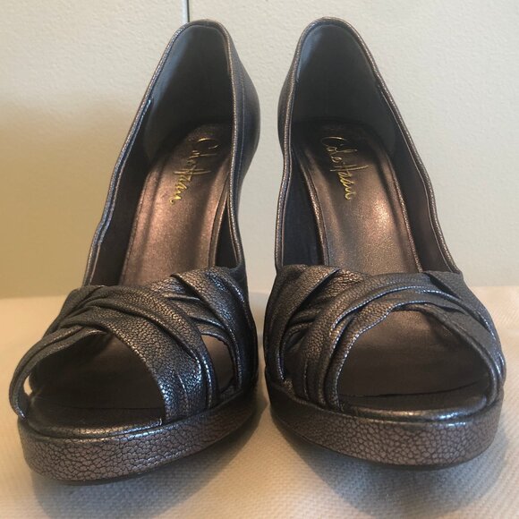 Cole Haan Tonya pewter-colored leather open-toe pumps sz 8 - Picture 6 of 16